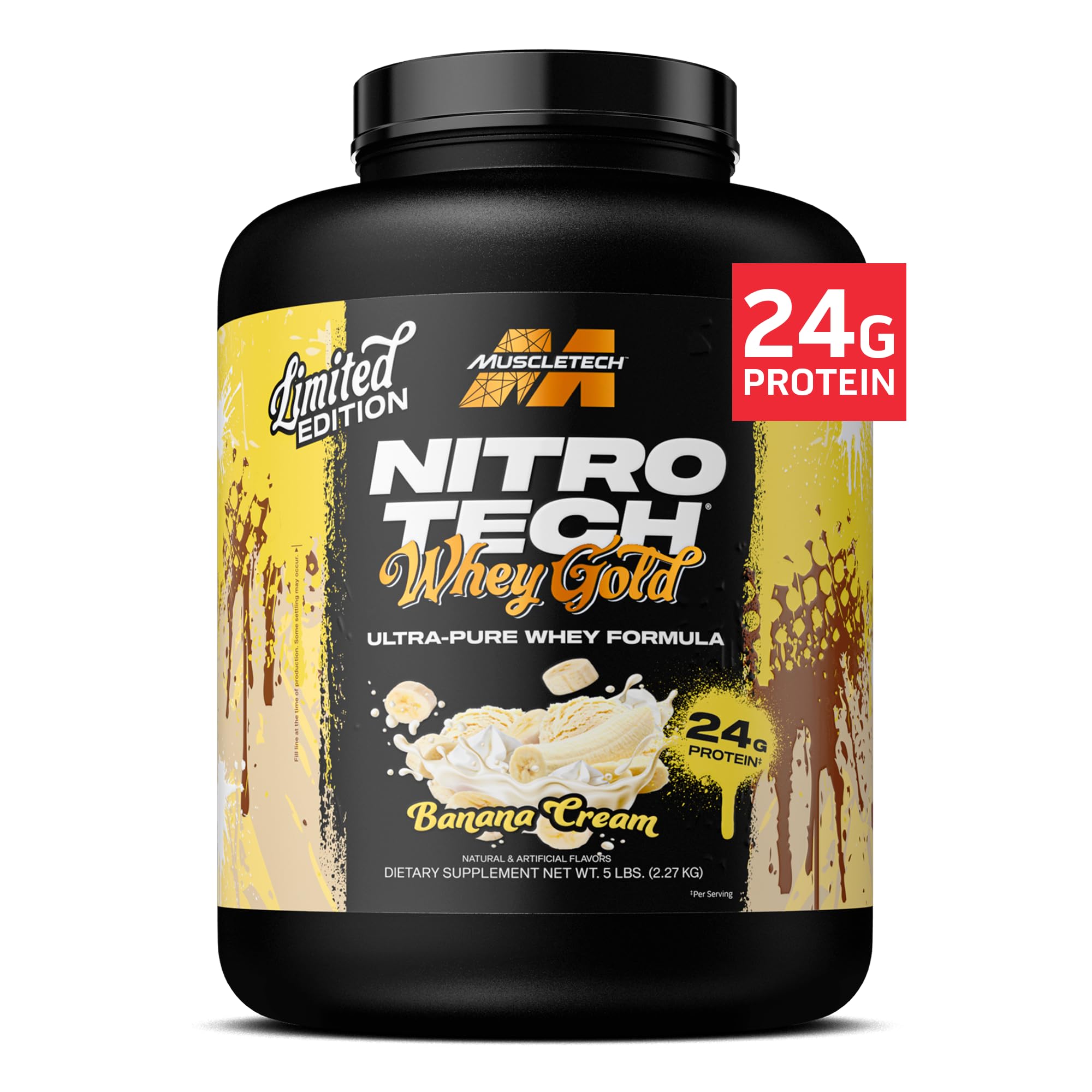 MuscleTech Whey Protein Powder (Banana Cream 5LB) - Nitro-Tech Whey Protein Isolate Smoothie Mix for Lean Muscle & Fast Recovery - 24g of Whey Gold Protein for Women & Men - Gluten-Free